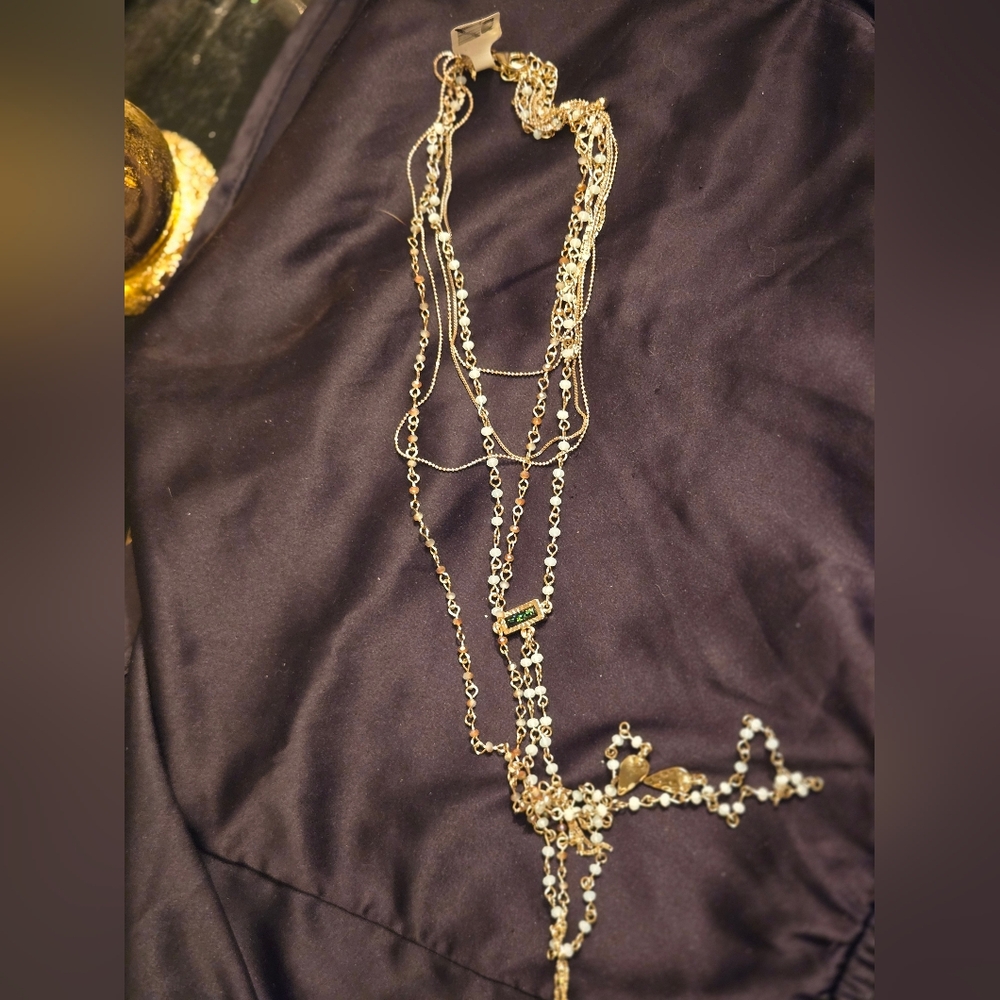 Gold Layered Lariat Necklace – Dichroic Glass & Opal Beads Y-Necklace